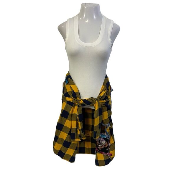 Flannel Shirt Women Large Yellow Tiger Grunge Camp Rock Country Upcycled Crochet - Picture 13 of 16